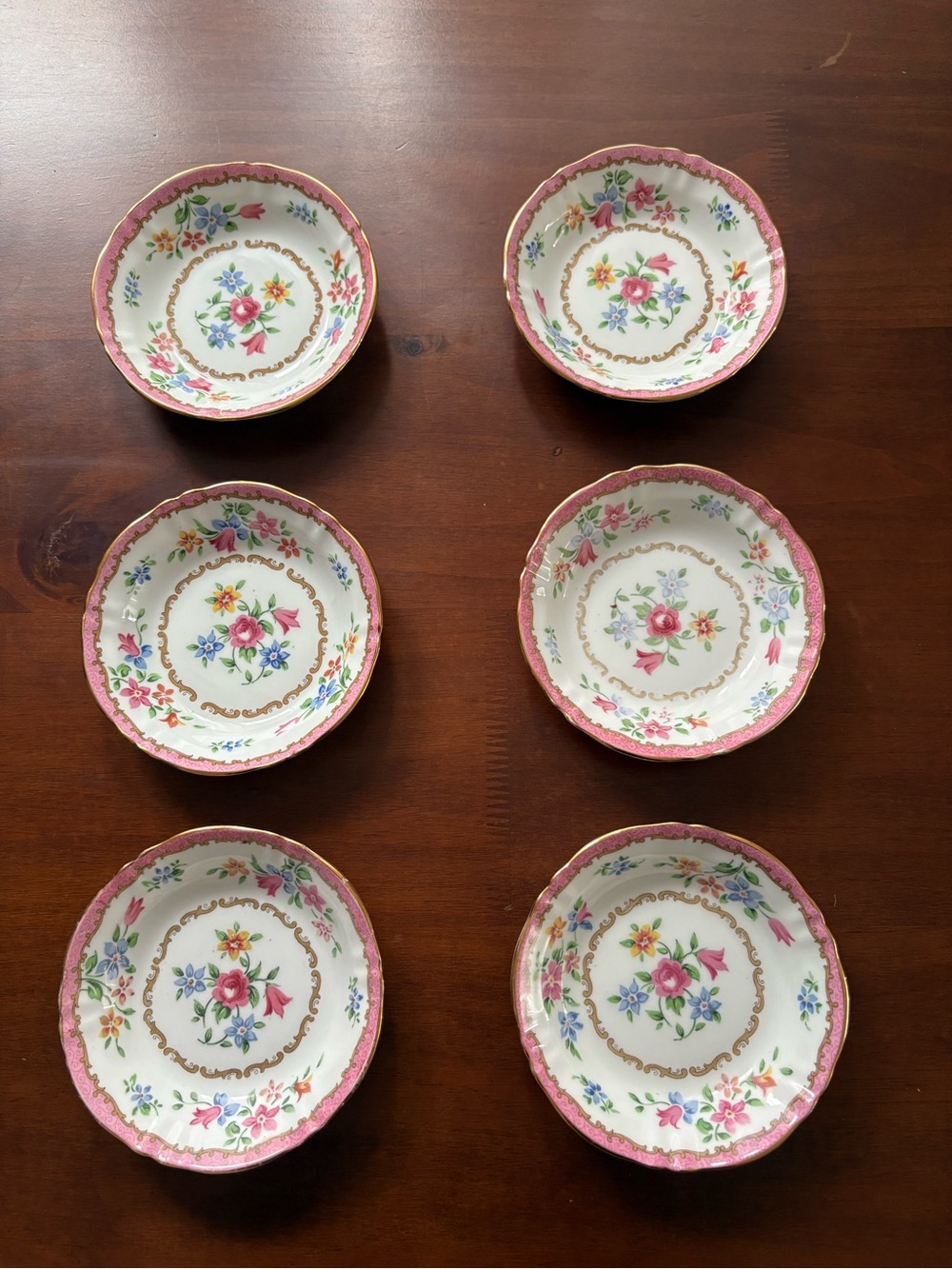 Crown Staffordshire vintage berry bowls fine china 6 pink Tunis style floral